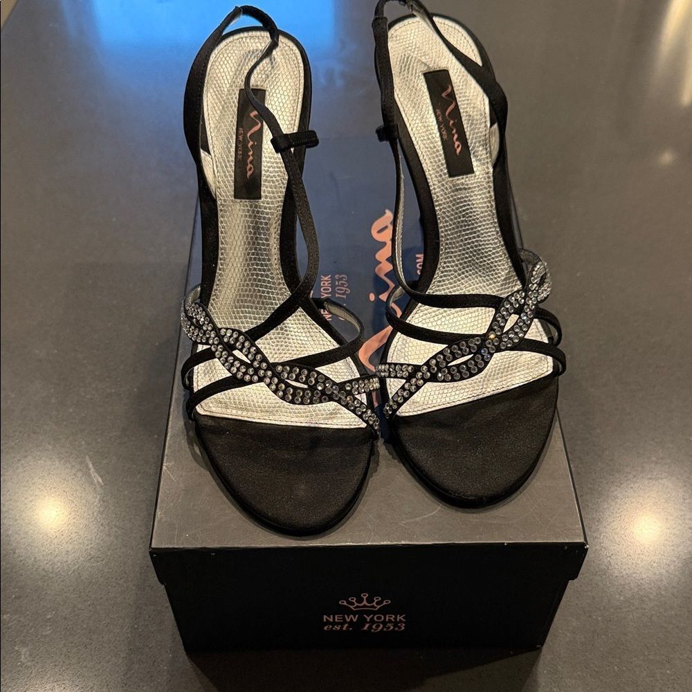 Nina Black Rhinestone Strappy Heels